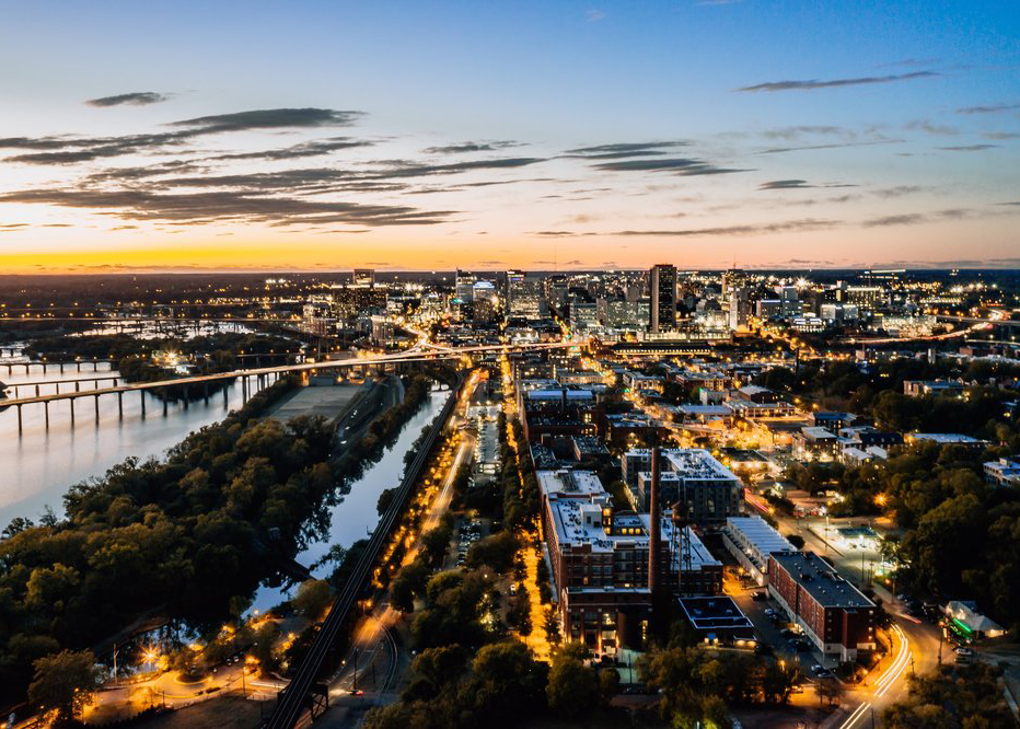 Aerial view of Richmond city at sunset