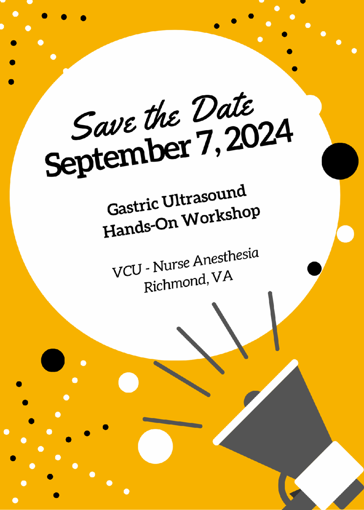 Save the Date Sept 7 2024 Gastric Ultrasound Hands On Workshop VCU Nurse Anesthesia Richmond VA