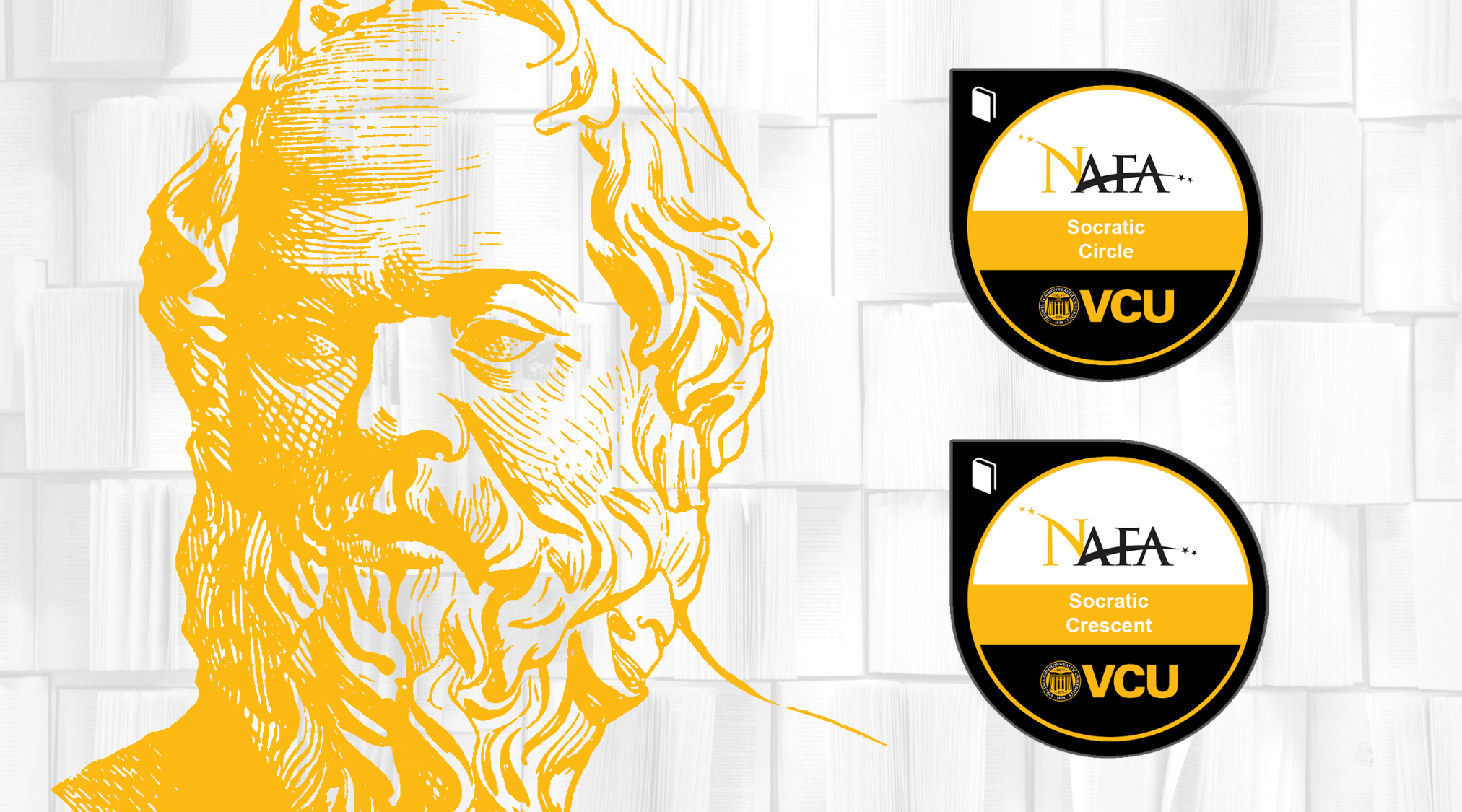 Socrates portrait next to NAFA digital badges Socratic Circle and Socratic Crescent