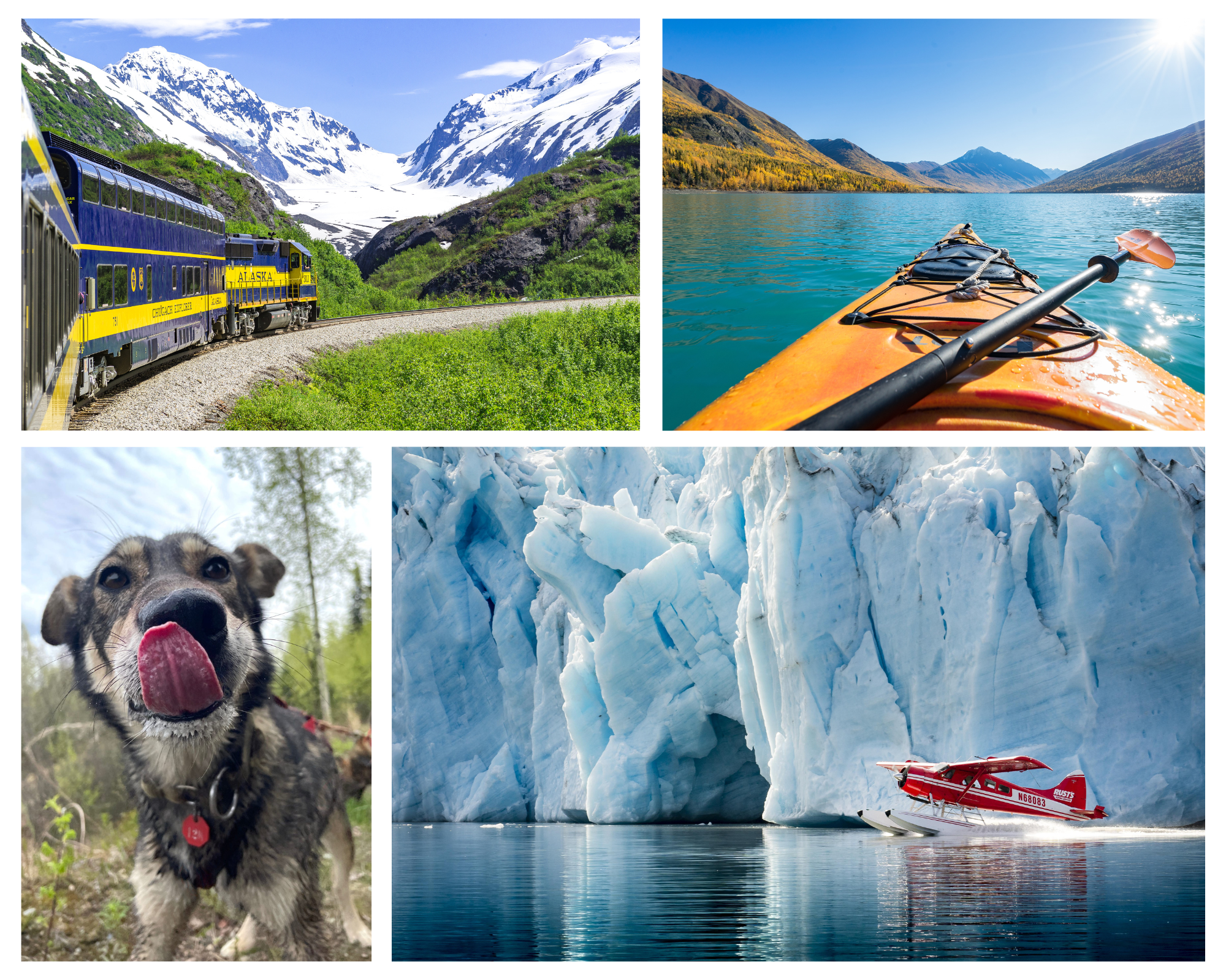Experience Alaska in the Summer Photography by Visit Anchorage photo collage of glaciers kayaking trains through mountains and sled dogs