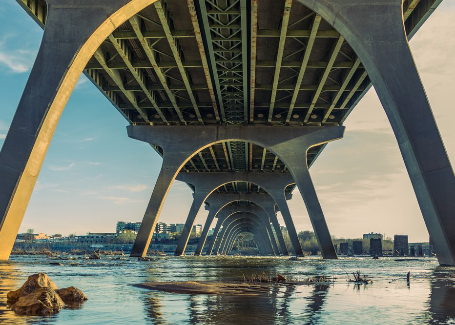 Underneath of the highway bridge leading over the James River